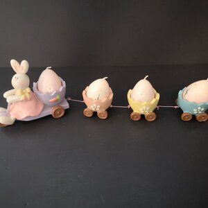 The English Butler Easter Train Candle Holders w/ Egg Shaped Candles Set of 4